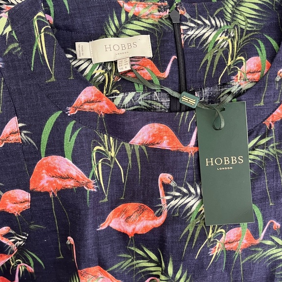 NWT Hobbs Navy ‘Amalfi’ 100% Linen Flamingo Print Sleeveless Dress, Size 8 - Picture 7 of 10